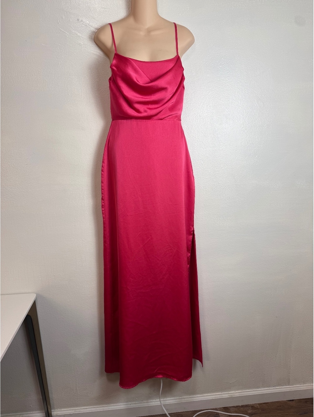 R.S.V.P. Sugarlips Fuchsia Satin Cowl Neck Maxi Dress S Side Slit Formal